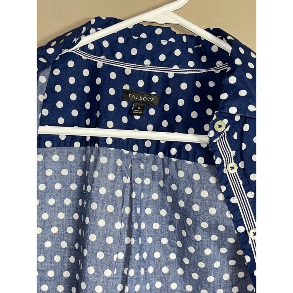 Talbots Blue Polka Dot Shirt Button Up Cotton Blouse Career Preppy Layer Women S - Picture 7 of 9